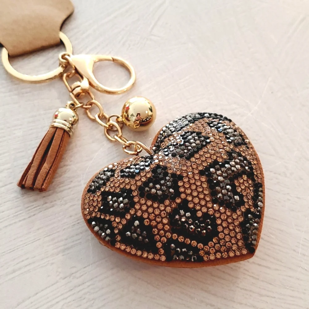 Animal print puffy heart tassel ball brown tan keychain mob wives - Picture 1 of 5